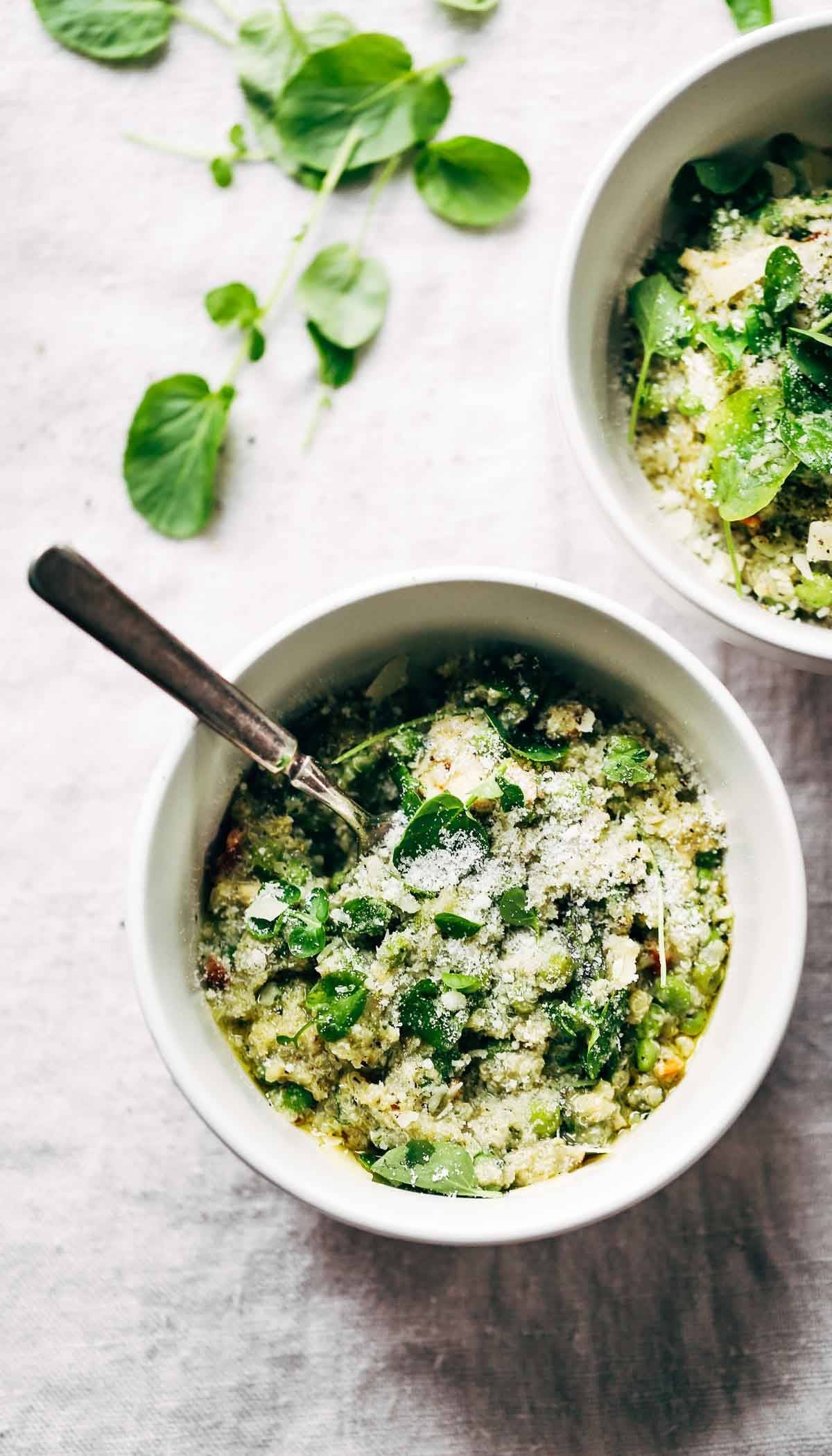 Crockpot Quinoa Chicken Primavera in a bowl with a spoon.