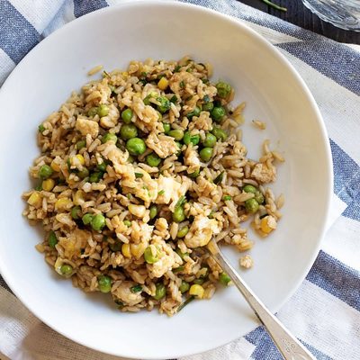 Fried rice in bowl with fork.